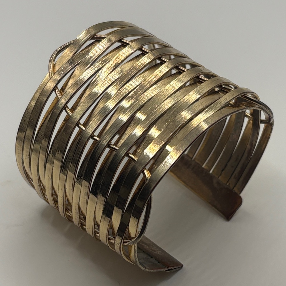 Gold Cuff Bracelet Basket Weave Swirl Open Layers
